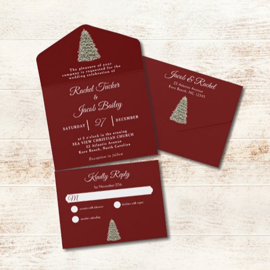 Elegant kerstboom donkerrood kersthuwelijk all in one uitnodiging