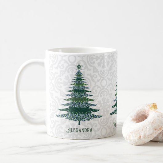 Elegant kerstboom Groen Wit Gepersonaliseerd Koffiemok (Met donut)