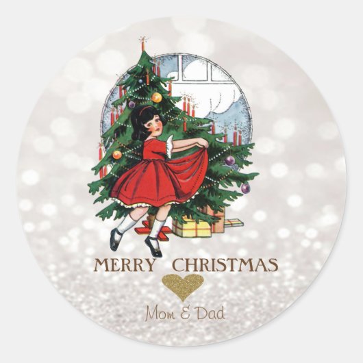 Elegant kerstboom Little Girl Bokeh Ronde Sticker (Voorkant)