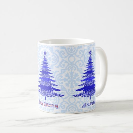 Elegant kerstboomblauw Gepersonaliseerd Snowflake Koffiemok (Voorkant rechts)