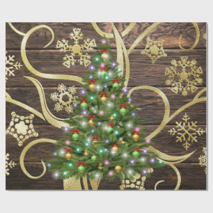 Elegant kerstboomblauw - houten gouddesign cadeaupapier