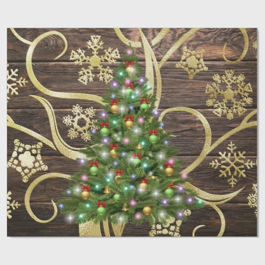 Elegant kerstboomblauw - houten gouddesign cadeaupapier (Vlak)