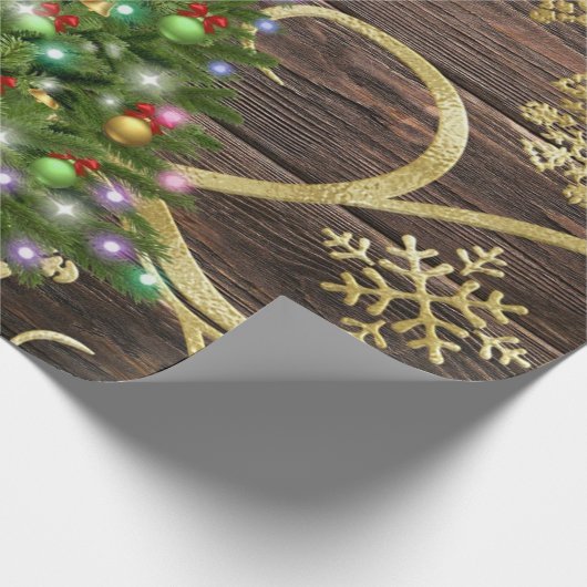 Elegant kerstboomblauw - houten gouddesign cadeaupapier (Hoek)