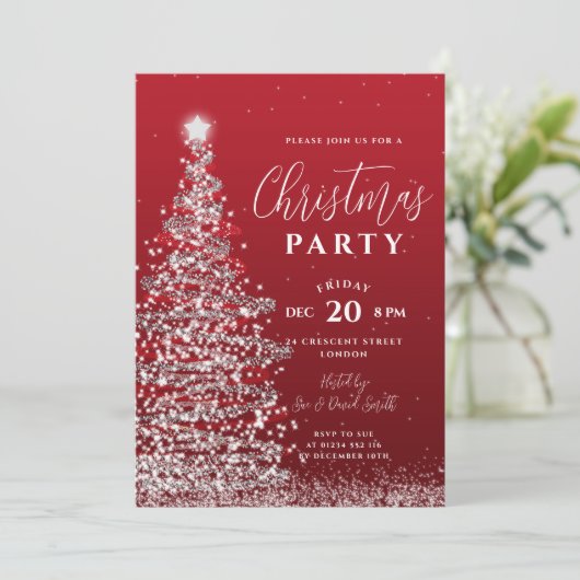 Elegant kerstboomfeest Silver Red Holiday Kaart (Staand voorkant)