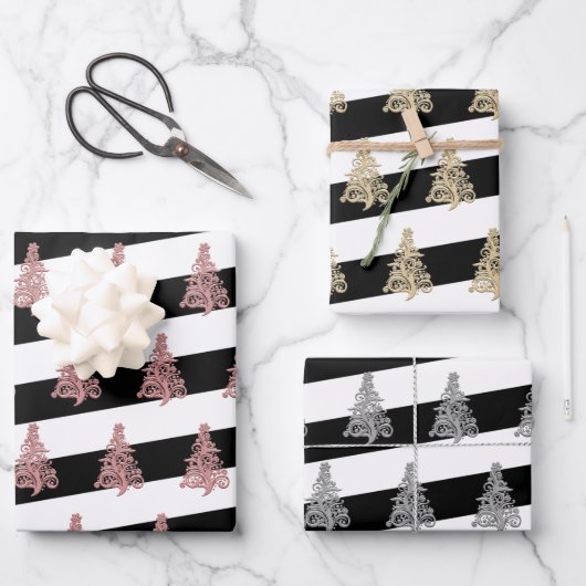 Elegant kerstboompatroon gestript inpakpapier vel (Voorkant)