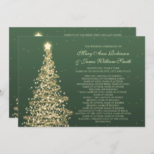 Elegant kerstbruiloft Green Gold Programmakaart (Voorkant / Achterkant)