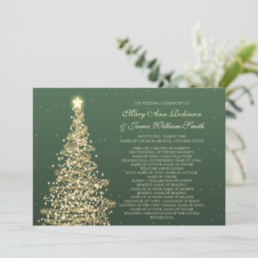 Elegant kerstbruiloft Green Gold Programmakaart (Staand voorkant)