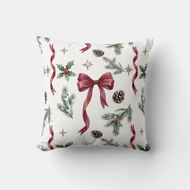 Elegant Kerstcadeau Strik Lint Botanisch Kussen (Voorkant)