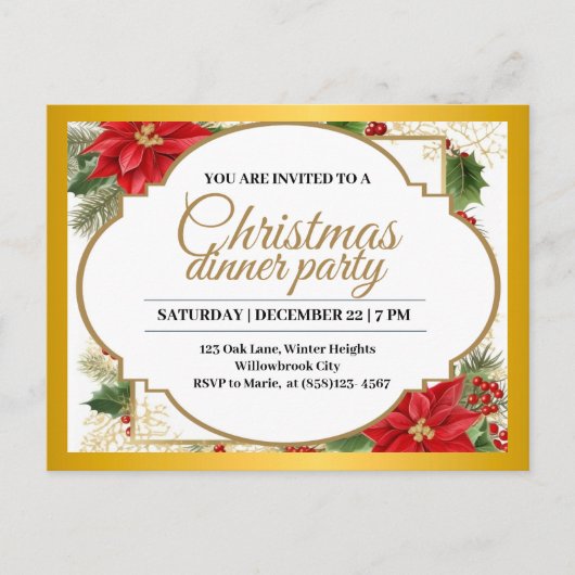 Elegant kerstdiner Party Gold & Poinsettia Briefkaart (Voorkant)