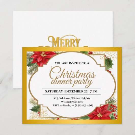 Elegant kerstdiner Party Gold & Poinsettia Kaart (Voorkant / Achterkant)