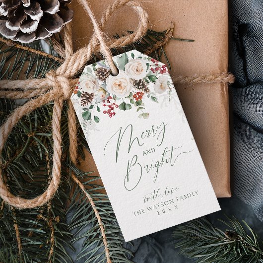 Elegant Kerstelijk Bloemstuk Merry en Kerstmis Cadeaulabel