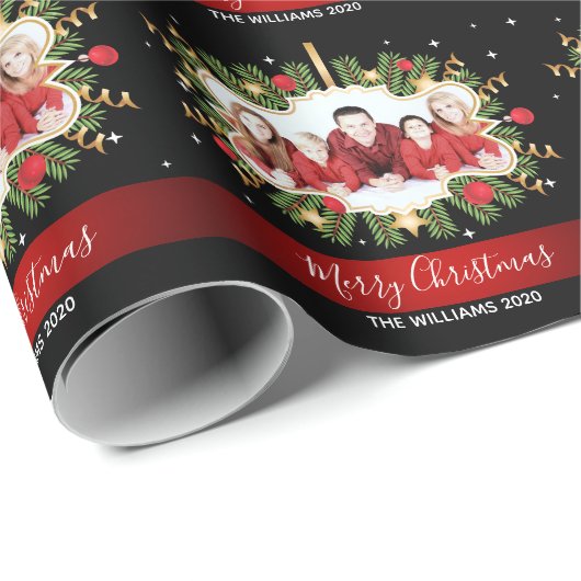 Elegant kerstfamilie Foto zwart, aangepast rood Cadeaupapier (Rol Hoek)
