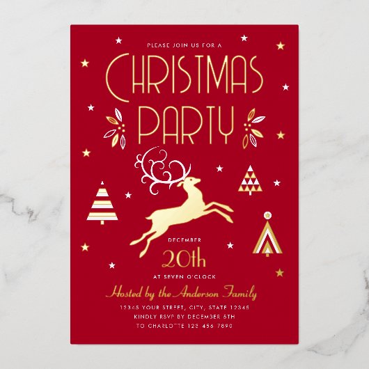 Elegant Kerstfeest Deep Red Folie Invitation Folie Feestdagenkaart (Voorkant)