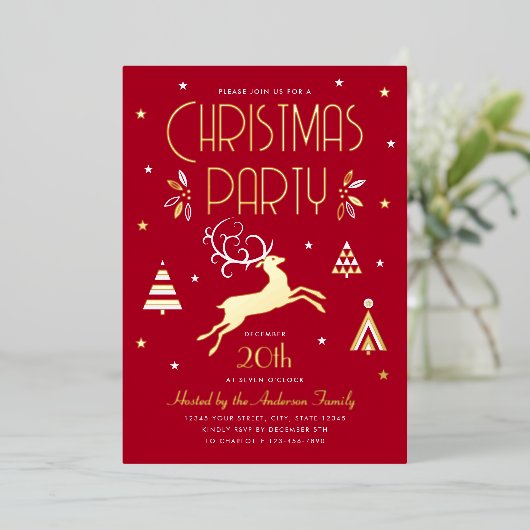 Elegant Kerstfeest Deep Red Folie Invitation Folie Feestdagenkaart (Staand Voorkant)