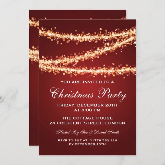 Elegant kerstfeest Gold String Lights Red Kaart (Voorkant / Achterkant)