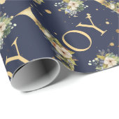 Elegant Kerstfeest Joy Floral Gold Glitter Blue Cadeaupapier (Rol Hoek)