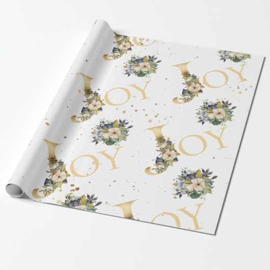 Elegant Kerstfeest Joy Floral Gold Glitter Cadeaupapier (Uitgerold)