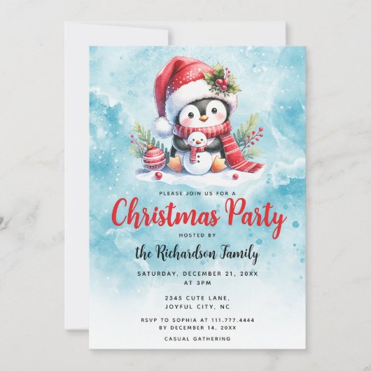 Elegant kerstfeest Schattige pinguïn blauw kerstfe Kaart (Voorkant)