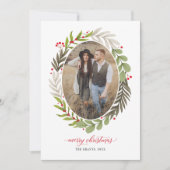 Elegant kerstfeest Waterverf Greenery Oval Foto Feestdagenkaart (Voorkant)
