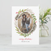 Elegant kerstfeest Waterverf Greenery Oval Foto Feestdagenkaart (Staand voorkant)