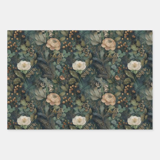 Elegant kerstfeest winter groen en crème bloemmoti inpakpapier vel (Voorkant 2)