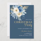 Elegant Kerstfeest Wit & Blauw Bloemen Goud Kaart (Voorkant)