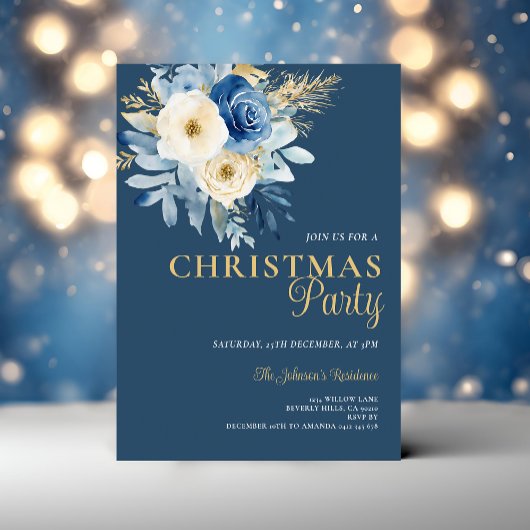 Elegant Kerstfeest Wit & Blauw Bloemen Goud Kaart