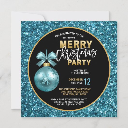 Elegant kerstfeest zwart goud blauw glitter kaart (Voorkant)