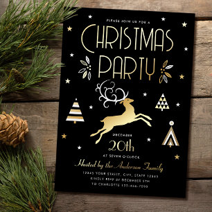 Elegant Kerstfeest Zwart Goud Folie Uitnodiging