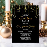 Elegant KERSTFEEST Zwart Goud Glitter Sterren Kaart<br><div class="desc">Gepersonaliseerde moderne maar elegante uitnodigingen voor kerstfeestjes in nep gouden en zwarte kleuren. Achtergrond met hangende twinkelende sterren / lichten met bubbels ornamenten. Faux gouden glitter shimmer achtergrond in de rug. Bewerkbare sjabloon - voeg eenvoudig jouw tekst toe. Alle tekst kan worden gewijzigd lettertype, kleur en grootte. Perfect voor home...</div>