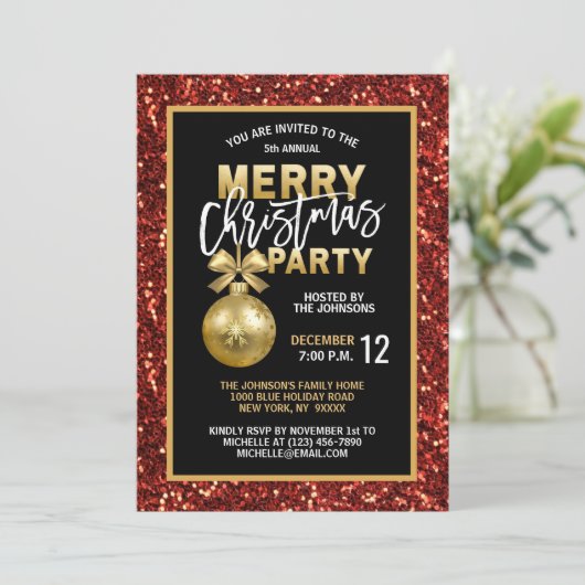 Elegant Kerstfeest Zwart Goud Rood Glitter Kaart (Staand voorkant)