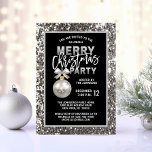 Elegant Kerstfeest Zwart Zilver Glitter Kaart<br><div class="desc">Maak indruk op al uw gasten met deze prachtige zilveren uitnodigingen voor kerstfeestjes. Faux glitter achtergrond met zilveren bauble ornament en boog. Faux zilveren folie letters met wit. Personaliseer ze door uw gegevens toe te voegen. Perfect voor zakelijk, bedrijf, bedrijf, bedrijf, kantoor, house diner party. Overeenkomende objecten ontvangen. Neem contact...</div>