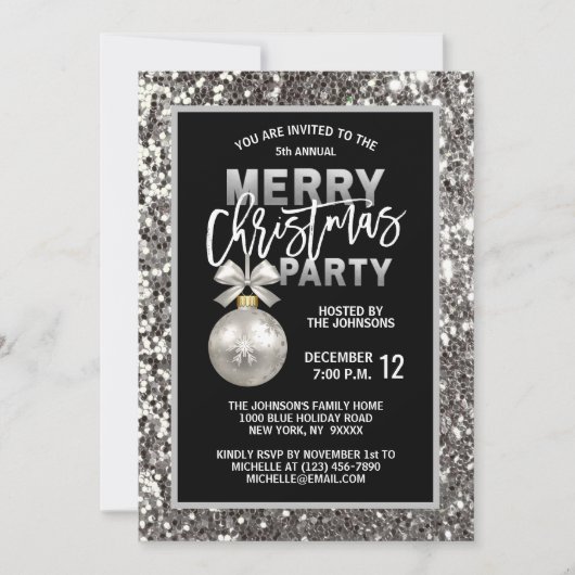 Elegant Kerstfeest Zwart Zilver Glitter Kaart (Voorkant)