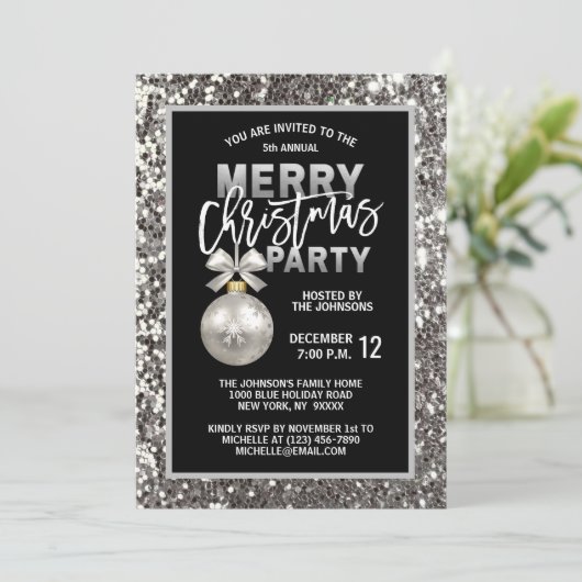 Elegant Kerstfeest Zwart Zilver Glitter Kaart (Staand voorkant)