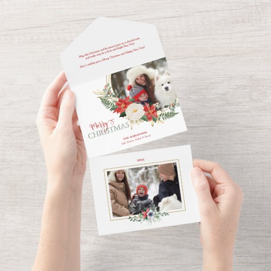 Elegant KerstFloral met kalligrafie Foto All In One Uitnodiging (Afscheurbaar)
