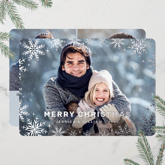 Elegant kerstfoliage 3 Foto Silver Folie Feestdagenkaart