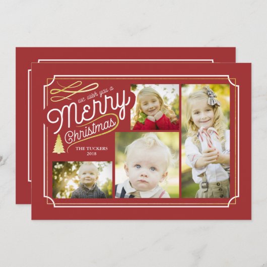 Elegant kerstfoto-collage in rood en goud feestdagenkaart (Voorkant / Achterkant)