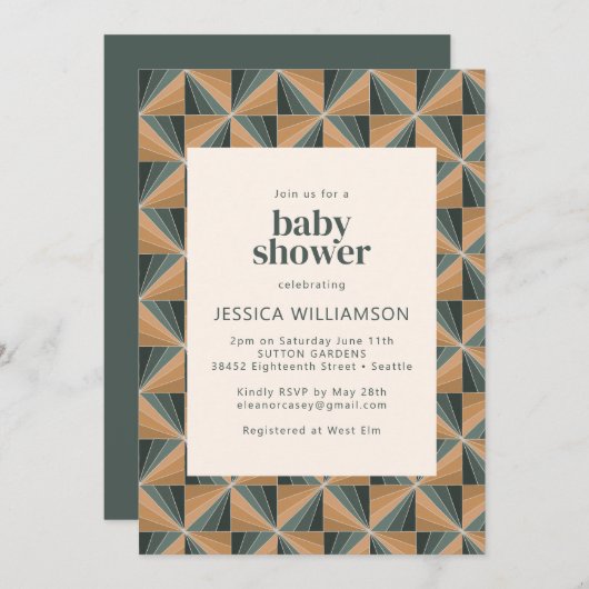 Elegant kerstgeometrisch groen Baby shower Kaart (Voorkant / Achterkant)