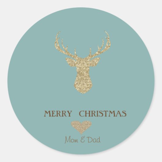 Elegant Kerstgoud Glitter Reindeer, Heart Ronde Sticker (Voorkant)