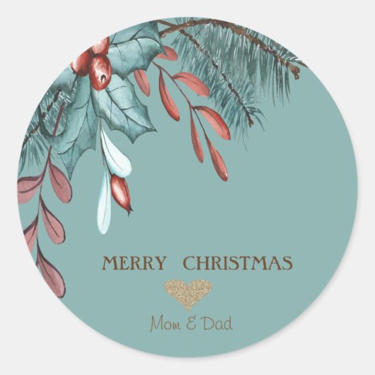 Elegant Kerstgoud Heart, Holly Berry Ronde Sticker (Voorkant)