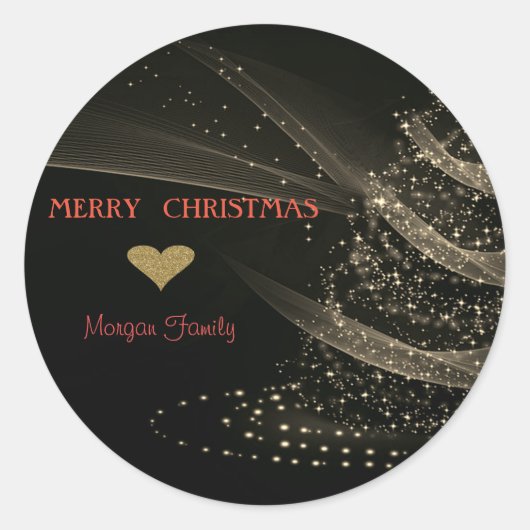 Elegant kerstgoudboom, zwart ronde sticker (Voorkant)