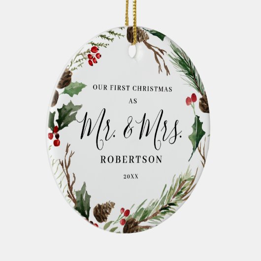 Elegant kerstgrenery Mr. & Mrs. Keramisch Ornament (Rechts)