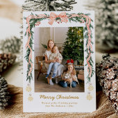 Elegant Kerstgroen & Coquette Bow 1 Foto Feestdagenkaart