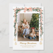 Elegant Kerstgroen & Coquette Bow 1 Foto Feestdagenkaart (Voorkant)