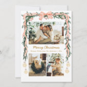 Elegant Kerstgroen & Coquette Bow 3 Foto Feestdagenkaart (Voorkant)