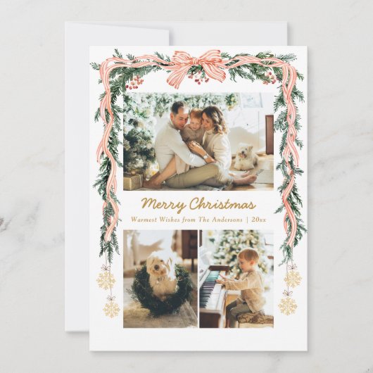 Elegant Kerstgroen & Coquette Bow 3 Foto Feestdagenkaart (Voorkant)