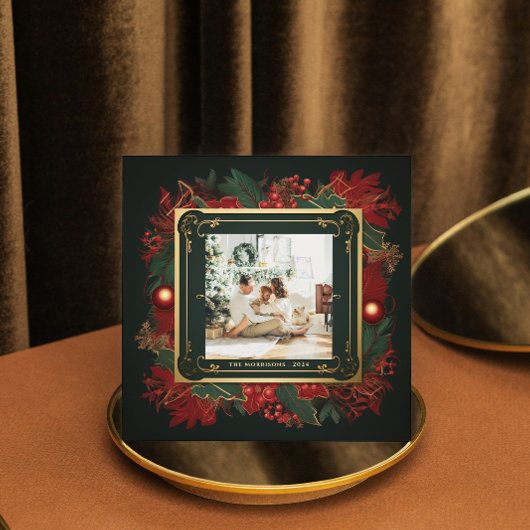 Elegant Kerstgroen Goud Lijst Custom Photo Feestdagenkaart