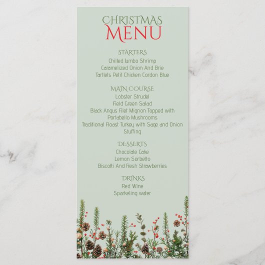 Elegant kerstgroen vakantie platte menu (Voorkant)