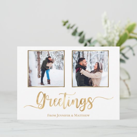 Elegant kerstgroet White Gold Photo Feestdagenkaart (Staand voorkant)