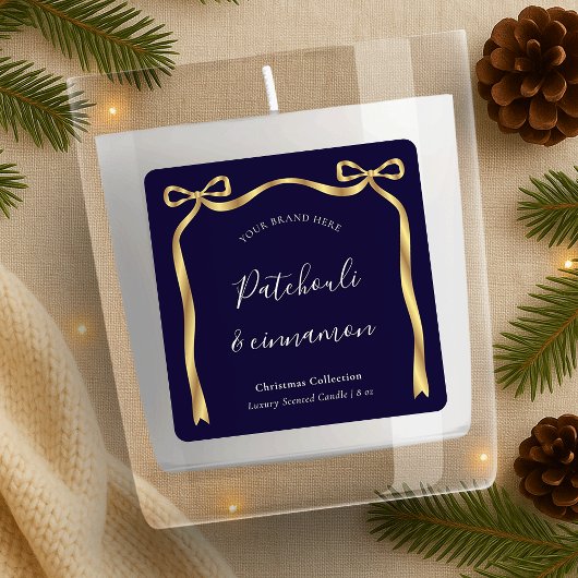 Elegant kerstkaarsenlabel Navy & Gold Ribbon Vierkante Sticker